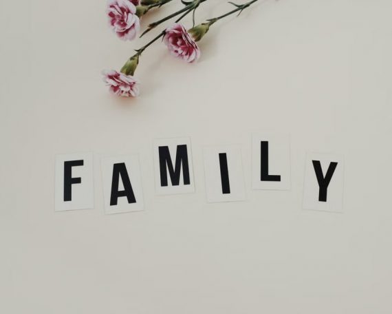 Elegant arrangement of pink flowers and family text on a white background, ideal for family themes.