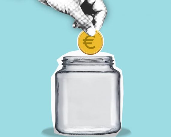 Decorative cardboard appliques of hand with euro coin above jar representing money saving process on blue background